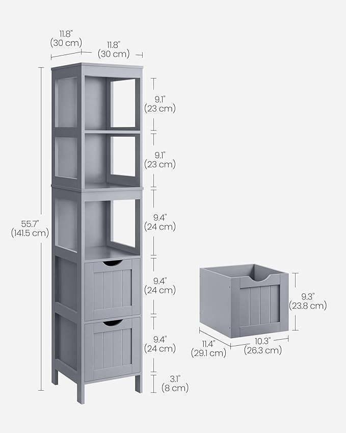 VASAGLE Storage Cabinet, Storage Organizer Rack Stand for Bathroom, Living Room, Bedroom, Multifunctional Corner Unit, 2 Drawers, 55.7 Inches in Height, Dove Gray UBBC066G02