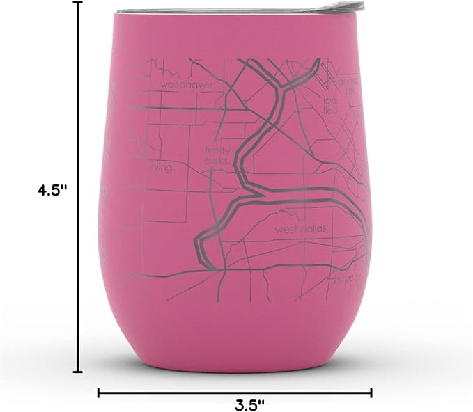 Well Told Engraved Dallas Texas Map Insulated Wine Tumbler, Etched Stainless Steel Cup (12 oz, Sunset Pink) City Map Insulated Tumbler, Custom Insulated Tumbler, Outdoor Drinkware