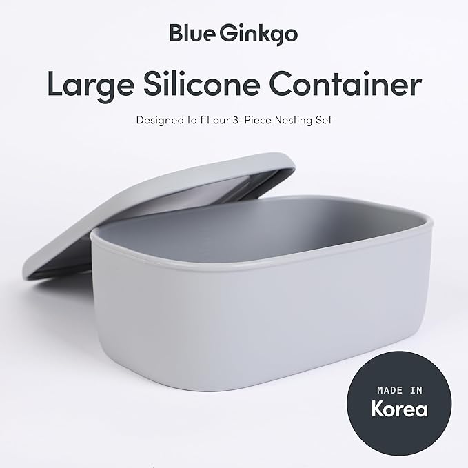 BLUE GINKGO Nesting Silicone Containers - Large Silicone Food Storage Container | BPA Free, Airtight, Dishwasher and Freezer Safe (47.5 oz) - Grey