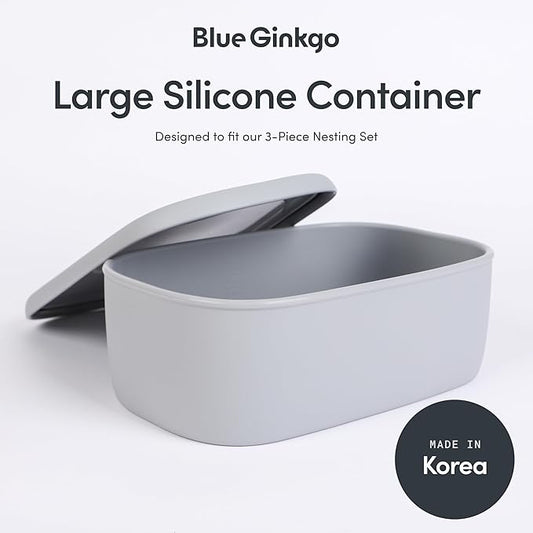 BLUE GINKGO Nesting Silicone Containers - Large Silicone Food Storage Container | BPA Free, Airtight, Dishwasher and Freezer Safe (47.5 oz) - Grey