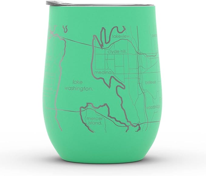 Well Told Engraved Seattle Washington Map Insulated Wine Tumbler, Etched Stainless Steel Cup (12 oz, Sunday Green) City Map Insulated Tumbler, Custom Insulated Tumbler, Outdoor Drinkware