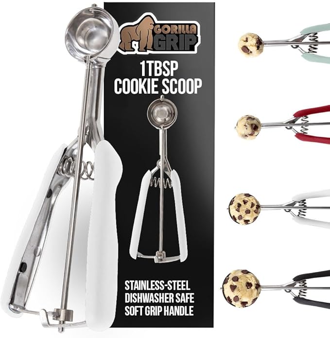 GORILLA GRIP BPA-Free Stainless Steel Cookie Scoop, 1 TBSP Scooper #60, Soft Grip Handle, Easy Food Release, Create Even Portion Sizes, Multipurpose Kitchen Melon Baller, Meatball Spring Scoops, White