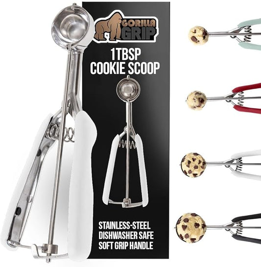 GORILLA GRIP BPA-Free Stainless Steel Cookie Scoop, 1 TBSP Scooper #60, Soft Grip Handle, Easy Food Release, Create Even Portion Sizes, Multipurpose Kitchen Melon Baller, Meatball Spring Scoops, White
