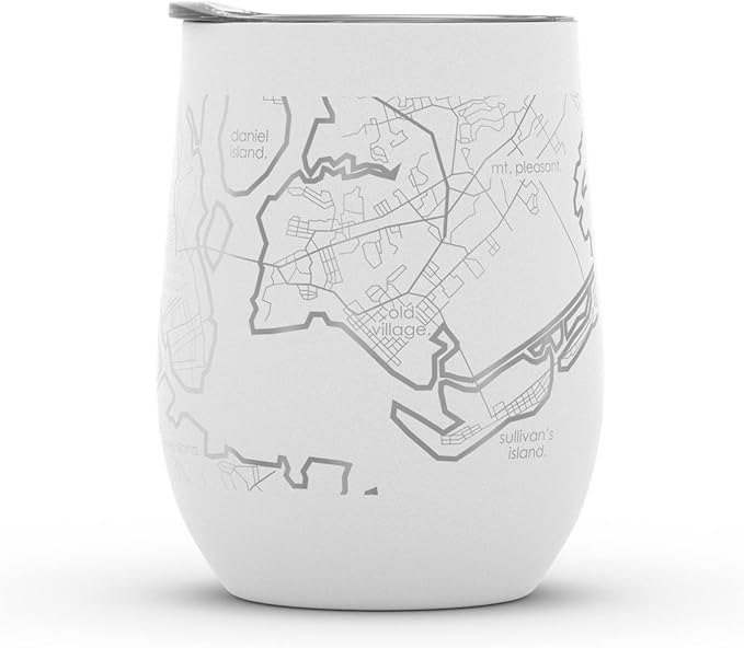 Well Told Engraved Charleston South Carolina Map Insulated Wine Tumbler, Etched Stainless Steel Wine Tumbler (12 oz, White) City Map Insulated Tumbler, Custom Insulated Tumbler, Outdoor Drinkware