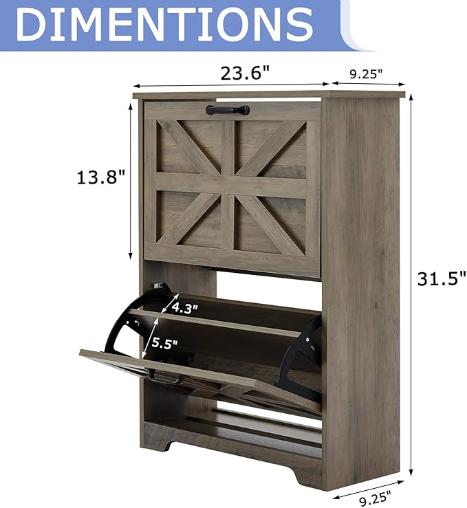 Shoe Storage Cabinet with 2 Flip Drawers, Farmhouse Shoe Organizer with Barn Door Design, Space-Saving Hidden Narrow Shoe Rack Cabinet for Entryway, Hallway & Foyer，Grey