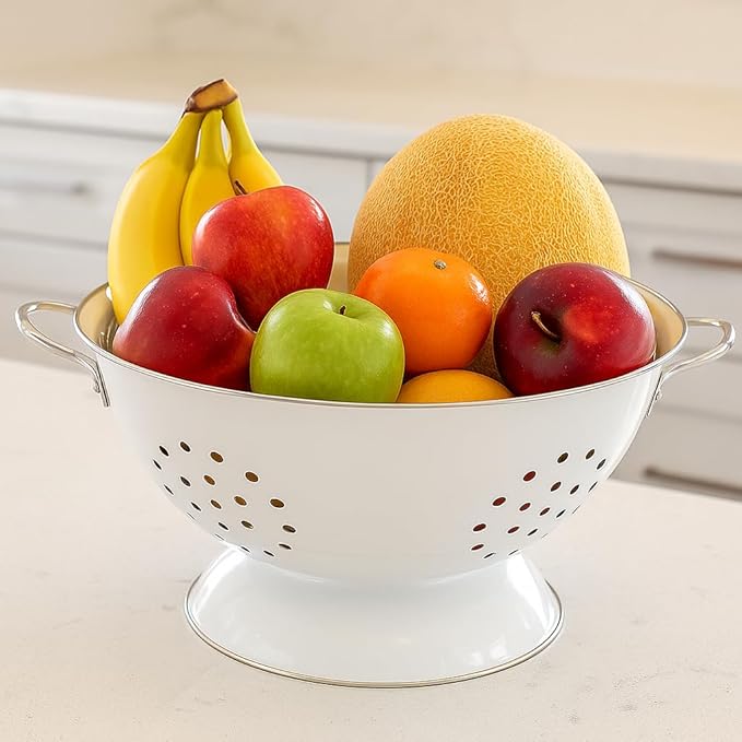 Reston Lloyd Calypso Basics Powder Coated Enameled Colander with Solid Base, Strainer Basket with Handles, for Pasta, Berries, Vegetables, Fruit, White (5 Quart, 160 oz, 4.7 litres)