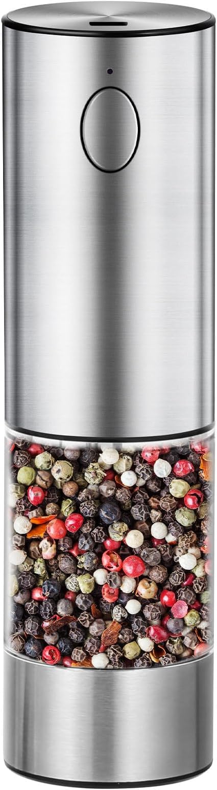 Electric Salt and Pepper Grinder Rechargeable with Light, Electric Salt and Pepper Shakers, Automatic & Adjustable Coarseness, Kitchen Gadgets, Stainless Steel
