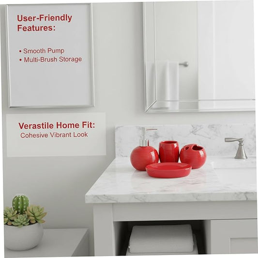 4Pcs Red Bathroom Accessories Set, Modern Ceramic Soap Dispenser, Toothbrush Holder, Tumbler and Soap Dish for Home and Apartment