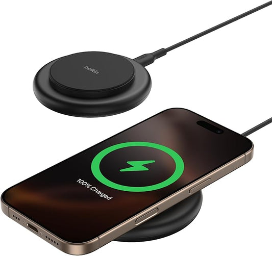 Belkin Magnetic Wireless Charging Pad 15W - MagSafe-Compatible Qi2-Certified Wireless Charging Station, iPhone Charger for Apple iPhone 16, 15, 14, AirPods w/Non-Slip Base, No PSU - Black (2-Pack)
