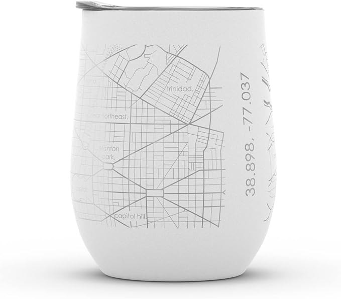 Well Told Engraved Washington DC Map Insulated Wine Tumbler, Etched Stainless Steel Wine Tumbler (12 oz, White) City Map Insulated Tumbler, Custom Insulated Tumbler, Outdoor Drinkware