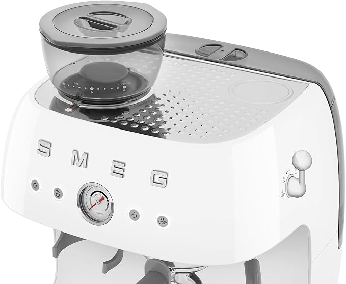 Smeg EGF03 Semi-Automatic Espresso Machine with Built-In Grinder, Dual Thermoblock, 50’s Retro Style – White (120 V)