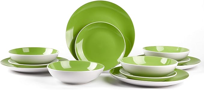 Stoneware Coupe Shape 12pc Dinnerware Set, Outside White + Inside Bamboo