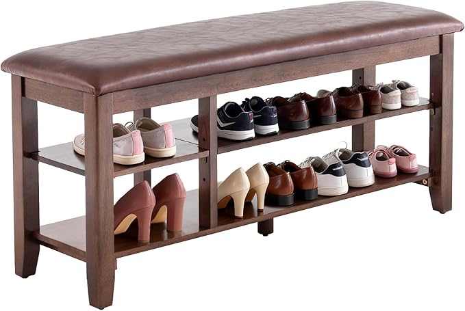 PY HOME & SPORTS Shoe Rack for Entryway 47": 2-Tier Shoe Storage Bench, Adjustable/Removable Shelves, Rubberwood Shoe Benches for Hallway, Porch, Bathroom, Brown