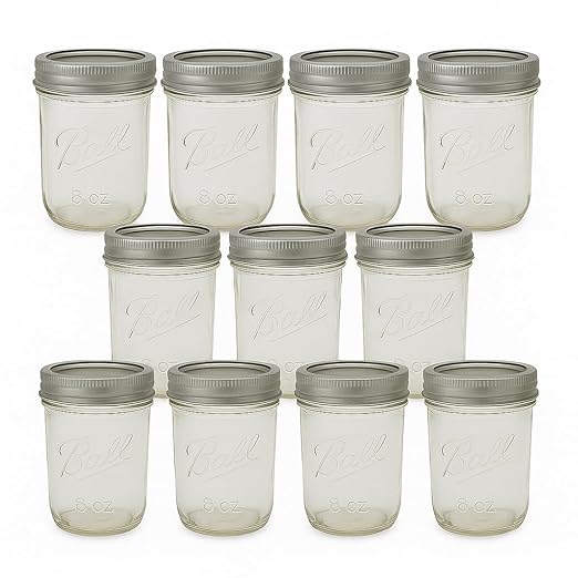 Ball - 8 oz Regular Mouth Glass Mason Jars | 11 Pack Jars with Airtight Lids | Large Glass Jar for Food Storage with Lids | Ideal for Canning, Fermentation, Pickling, Kombucha Brewing | Set of 11