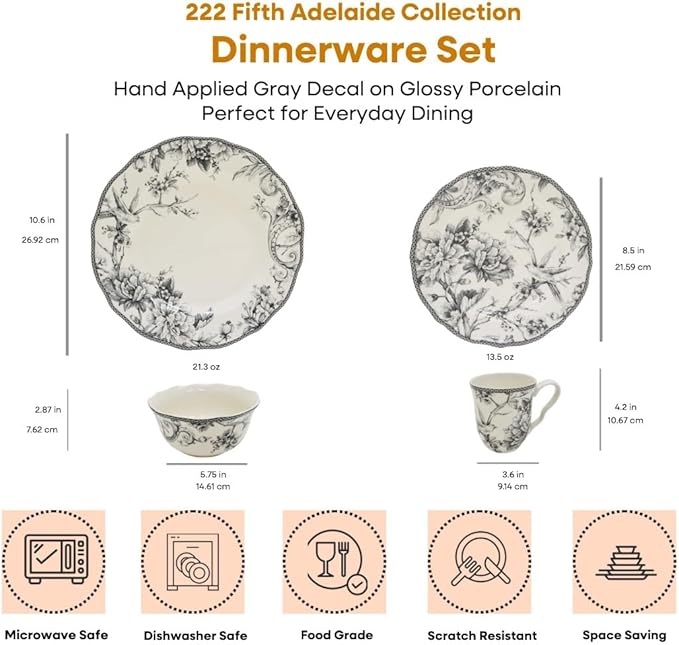 222 Fifth Adelaide 16-Piece Casual Grey Porcelain Dinnerware Set – Service for 4, Classic Toile Bird & Floral Design, Microwave & Dishwasher Safe, for Everyday Dining & Entertainment