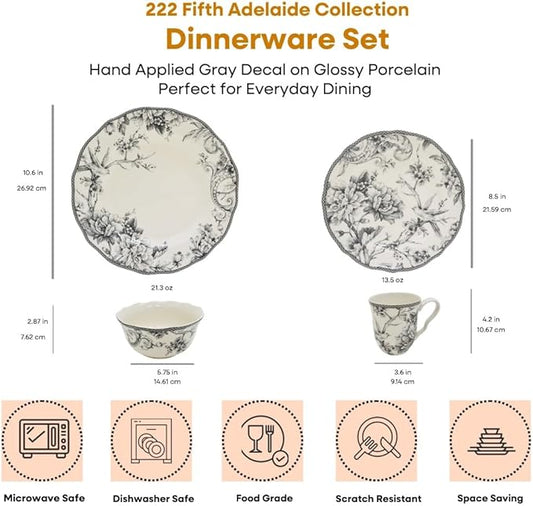 222 Fifth Adelaide 16-Piece Casual Grey Porcelain Dinnerware Set – Service for 4, Classic Toile Bird & Floral Design, Microwave & Dishwasher Safe, for Everyday Dining & Entertainment