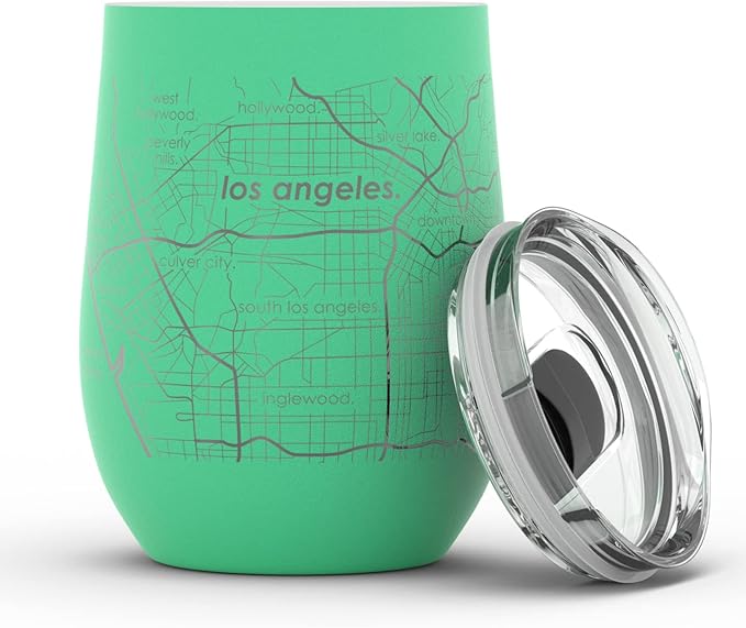 Well Told Engraved Los Angeles California Map Insulated Wine Tumbler, Etched Stainless Steel Cup (12 oz, Sunday Green) City Map Insulated Tumbler, Custom Insulated Tumbler, Outdoor Drinkware