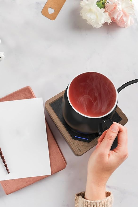 Coffee Mug Warmer Set: Coffee Warmer for Desk Auto Shut Off Candle Warmer Plate Coffee Cup Warmer Heated Coffee Mug for Coffee,Tea, Milk Up to 131°F/55°C, Wood Grain with Black Mug