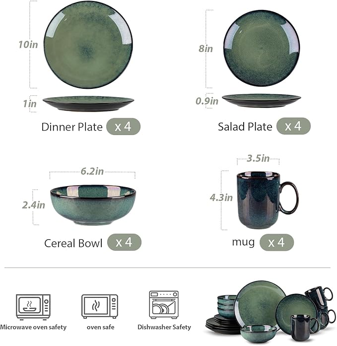 16 Piece Dinnerware Sets for 4， Scratch Resistant,microwave oven and Dishwasher Safe Plates and Bowls Sets Ceramic, Dish Set, Bowl and Plate Set -Kiln turns foggy green