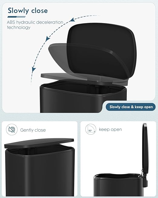 Arlopu 13.2+1.3 Gallon Step Trash Can, Stainless Steel Garbage Bin, Soft-Close Rubbish Bin with Removable Plastic Inner Bucket, Fingerprint-Proof, Lid Dustbin, for Kitchen Home (Black)