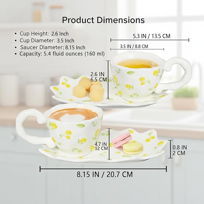 Unique Ceramic Coffee Mug, Cup and Saucer Set, Cute Fancy Girly Afternoon Tea Set Purse Gift, 5.4 oz/160 ml Yellow flowers
