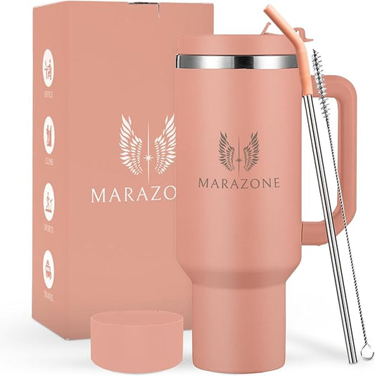40 oz Insulated Tumbler with Handle and Straw – Double Wall Stainless Steel Vacuum Cup | Car Cup Holder Fit | Hot Cold Travel Mug | BPA Free Reusable Water Bottle Gift for Her (Sunset Pink)