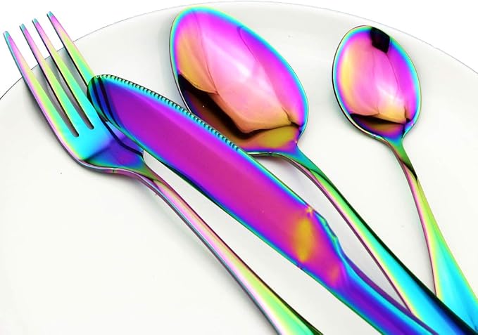 Gugrida Rainbow Reusable Utensils with Case, Healthy & Eco-Friendly 8 Pieces Portable Stainless Steel Flatware Tableware Dinnerware Set, Portable Travel Camping Cutlery Knife Fork Spoon Straws Set