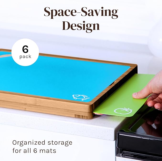 Cutting Boards for Kitchen – Checkered Bamboo Cutting Board Set with 6 Color-Coded Flexible Chopping Mats, Easy Clean Wood and Dishwasher-Safe Plastic, Large 17×12, Knife-Friendly by Cooler Kitchen