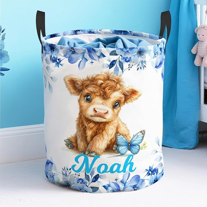callie Personalized Highland Cow Laundry Basket for Kids Girls, Waterproof Collapsible Laundry Hamper, Clothes Toys Storage Bin for Bedroom (13.8" x 16.5", 15.7" x 19.6")
