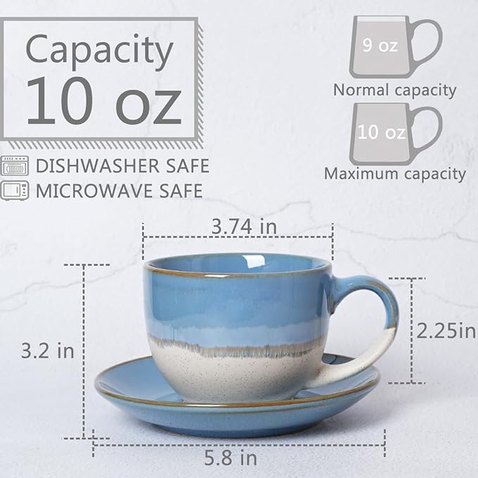 Bosmarlin Ceramic Cappuccino Cup and Saucer Set of 2, 10 Oz, Coffee Cups for Latte, Espresso, Tea, Dishwasher and Microwave Safe (Blue)