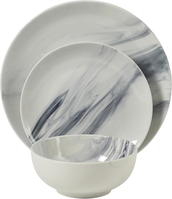 Gibson Home Cloudlight 12 Piece Plates and Bowls Dishes Blue and White - Decorated Porcelain Ceramic Dinnerware Set - Service for 4