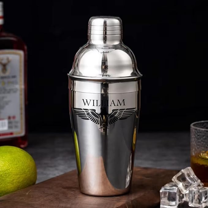 Personalized Cocktail Shaker 24oz - Custom Stainless Steel Bar Kit with Engraved Name, Built-in Strainer & Measuring Jigger & Spoon, Gift for Bartenders & Cocktail Lovers (Eagle Design)