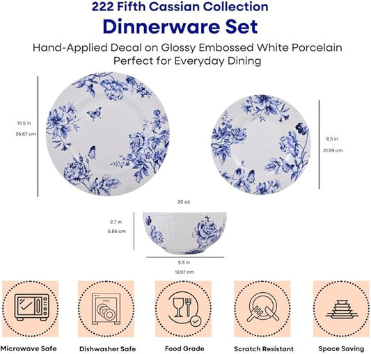 222 Fifth 12-Piece Porcelain Dinnerware Set for 4, White & Blue Plates and Bowls Set, Glossy Ceramic Dish Set with Embossed Toile Pattern, Elegant Kitchen Dishes, Microwave & Dishwasher Safe, Cassian