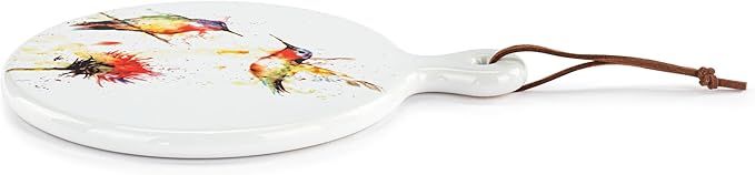 DEMDACO Dean Crouser Collection Watercolor Hummingbirds Round Mini 5 x 6.5 Stoneware, Suede, Wood Cutting Cheese Serving Board with Knife