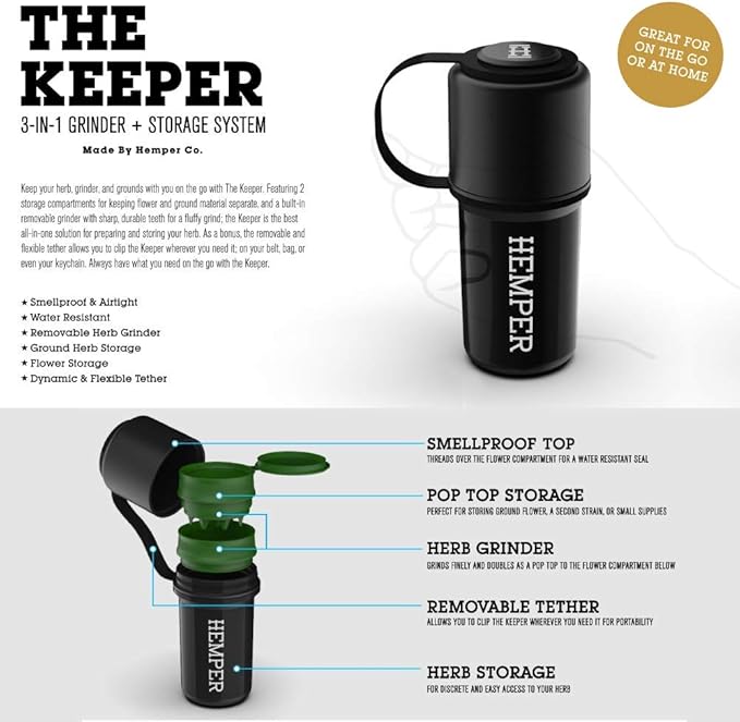 Hemper Keeper 3‑in‑1 Herb Grinder with Dual Storage Container - Smell‑Proof, Airtight & Water‑Resistant - Built‑In Removable Grinder, Dual Compartments for Flower & Ground - (Black)
