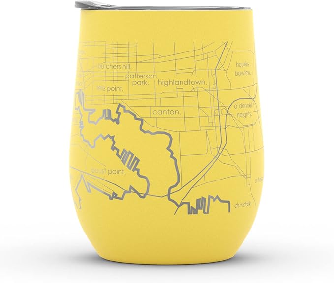 Well Told Engraved Baltimore Maryland Map Insulated Wine Tumbler, Etched Stainless Steel Cup (12 oz, Sunrise Yellow) City Map Insulated Tumbler, Custom Insulated Tumbler, Outdoor Drinkware