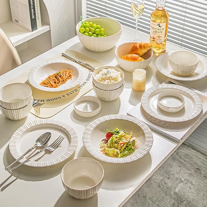 12-Piece White Ceramic Dinnerware Set - Rhine Series, Service for 4, Includes Bowls, Flat & Deep Plates, Microwave & Dishwasher Safe