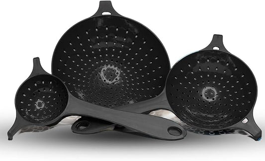 Crisp 3 Piece Nesting Strainer Set - Plastic, Durable Kitchenware, Dishwasher Safe - Made in the USA - Black