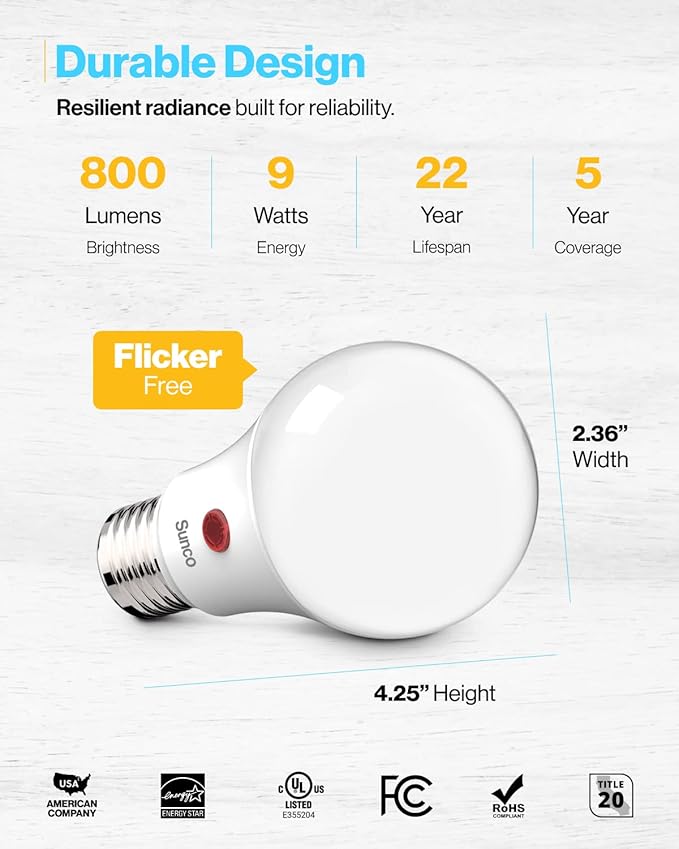 Sunco 18 Pack Dusk to Dawn LED Outdoor Light Bulb A19, Photocell Automatic for Exterior Lighting, 800 LM, 9W (60W Eqv.), 5000K Daylight, Auto On/Off Sensor, IP65 Rated UL.