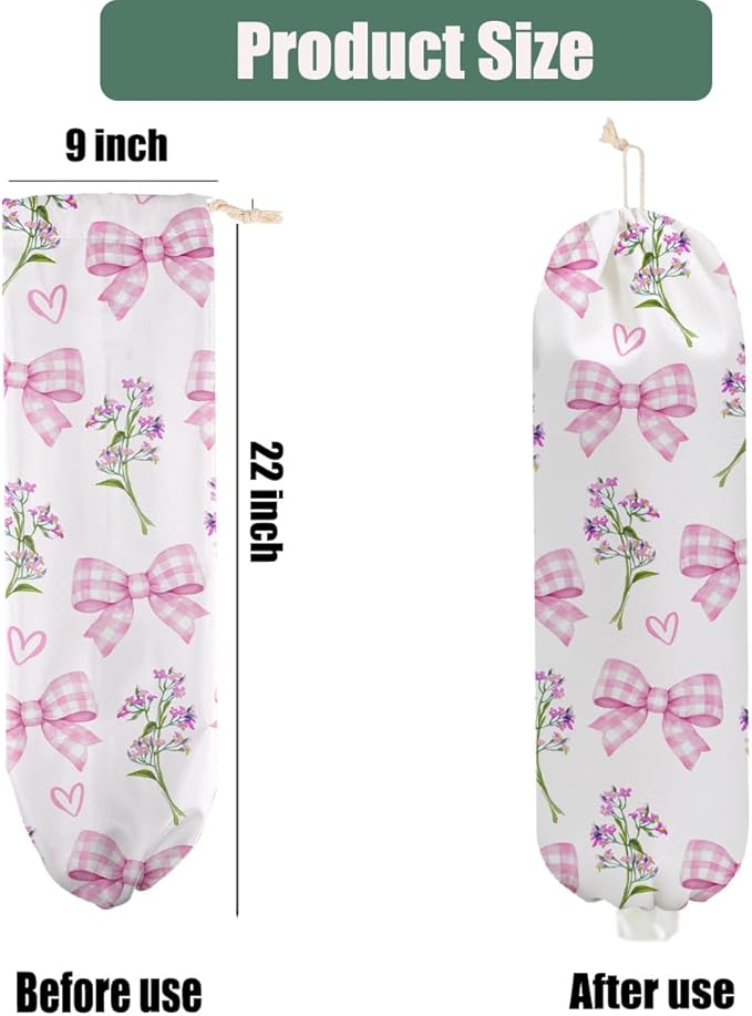 Bow Tie Plastic Bag Holder, Wall Mount Grocery Bag Holder for Plastic Bags, Flower Heart Reusable Grocery Bags Storage Dispenser for Home Kitchen Pantry Decor, Pink Bow Tie Gifts for Women Mom