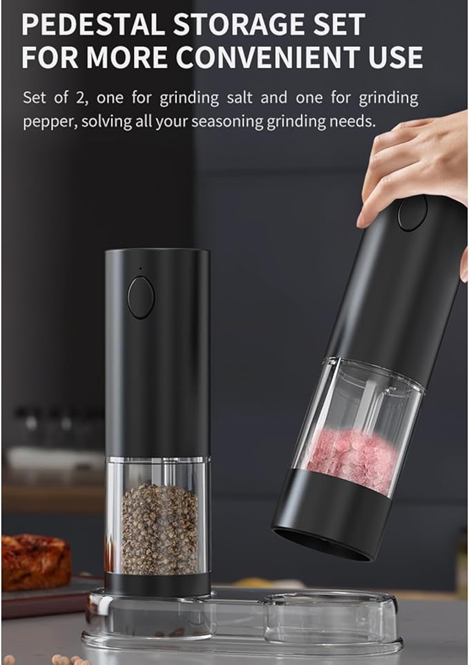 RECHARGEABLE - Electric Pepper and Salt Grinder Set, Adjustable Coarseness, With LED Light, One Hand Automatic Operation (A/Black)