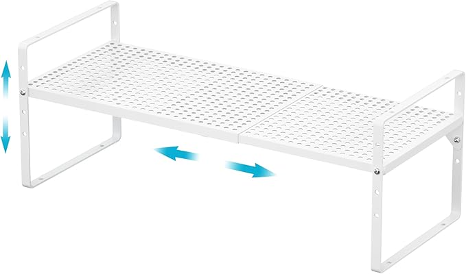 iPEGTOP Expandable Cabinet Storage Shelf Organizer Rack, Heavy Duty Stackable Steel Metal Spice Rack Adjustable Height Pantry Garage Shelf for Counter Kitchen Organization, White - 1 Pack