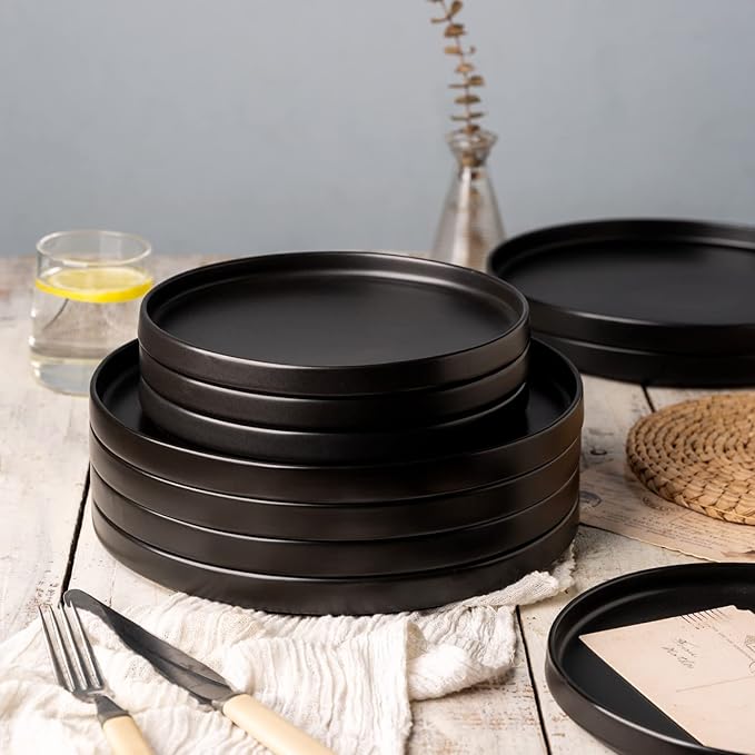 AmorArc Ceramic Dinnerware Sets for 4, Modern Flat Stoneware Plates and Bowls Sets,Chip and Crack Resistant Dishwasher & Microwave Safe Dishes Set,Scratch Resistant- Service for 4 -Matte Black (12pcs)