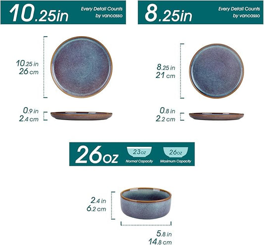 vancasso PLAYA Plates and Bowls Sets, 18 Pieces Grey-Blue Dinnerware Sets for Kitchen, Reactive Glaze Dishes Set for 6, Dishwasher and Microwave Safe