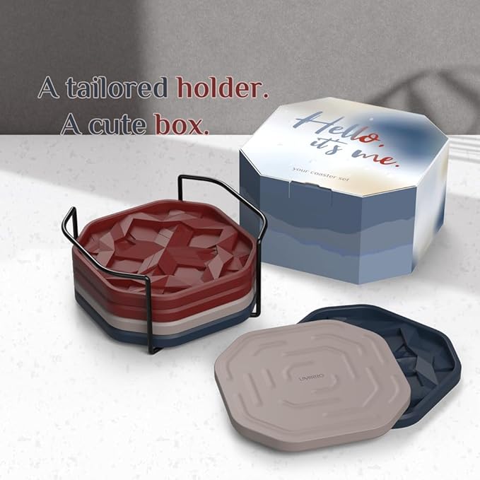 UMIRRO Silicone Cup Coasters for Drinks with Tailored Holder, Coffee Table Centerpiece, Modern Home Bar or Aesthetic Kitchen Essentials, Red House Decor Gifts, Set of 6, Burgundy and Blue