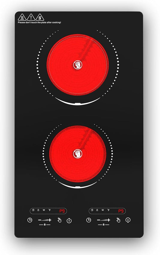 VBGK Electric Cooktop,110V 2100W 2 Burner Electric Cooktop,Countertop and Built-in Stove top with 9 Power Levels,Child Safety Lock, Timer, LED touch control,Overheat Protection