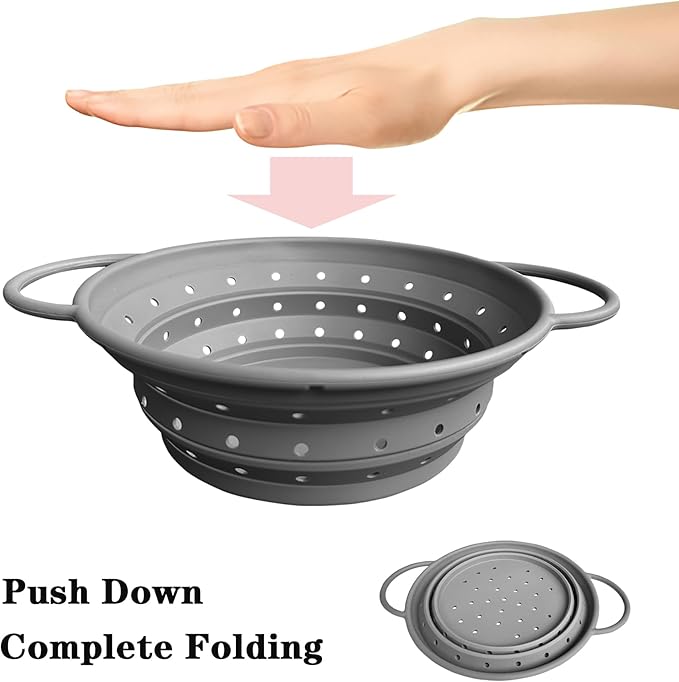 Collapsible Colander with Handle, Silicone Kitchen Colander for Easy Storage,Four-side Fast Draining Silicone Draining Basket, Perfect for Fruits Vegetables (Gray L)