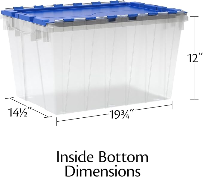 Akro-Mils KeepBox 12 Gallon Storage Container, Nesting and Stackable Plastic Storage Box with Lid Attached and Rails for Letter Size Hanging File Folders, 21" x 15" x 12", Clear/Blue, 6-Pack
