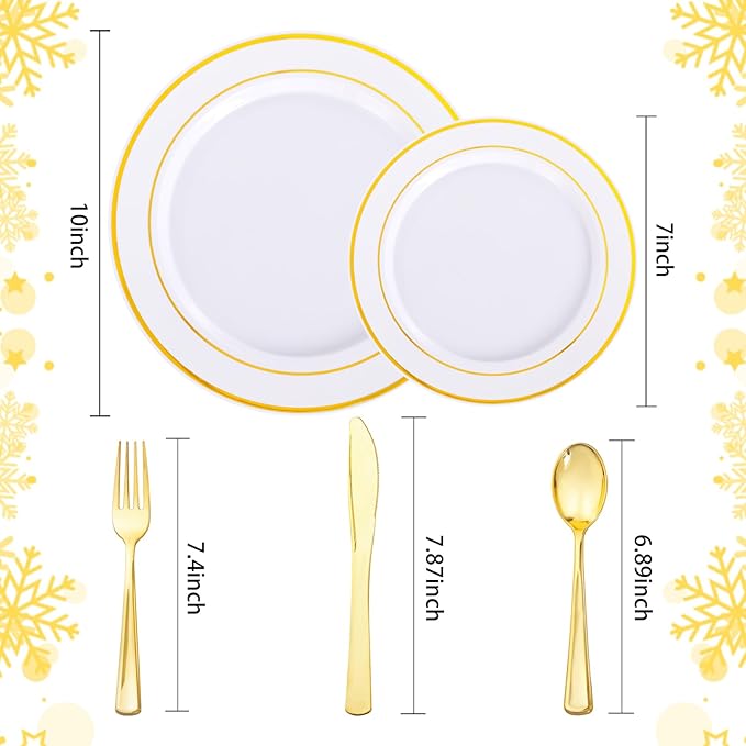 Supernal 60pcs Gold Plastic Dinnerware Set Includes Gold Plastic Plates and Disposable Silverware,Disposable Party Plates and Flatware Service for 12 Guests,Perfect for Birthday,Party,Wedding