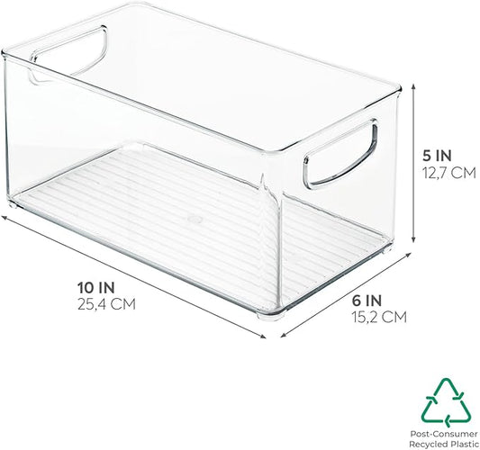 InterDesign iDesign Plastic Fridge and Freezer Organizer Bin with Integrated Handles – 10” x 5” x 6”, Clear (Pack of 4)